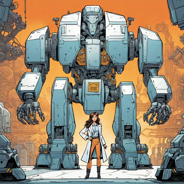 SDXL prompt:female scientist in a lab coat standing in front of an enormous powerful mech robot