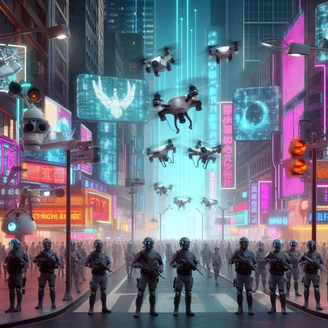 Illustration of a futuristic surveillance state