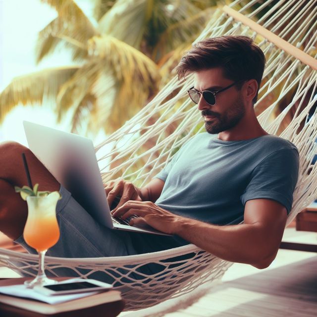 Dall·E 3 Prompt: Stock photo of a man working on a laptop. He is laying in a hammock. There is a tropical drink on the table next to him.