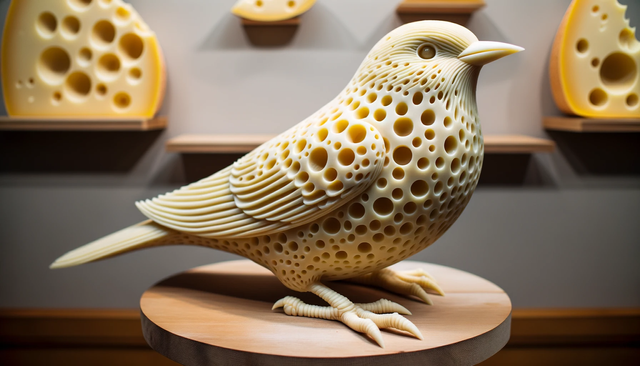 DALL-E 3 prompt: Photo of a meticulously crafted bird sculpture, made entirely out of swiss cheese, with the characteristic holes visible throughout the structure. The bird is perched on a wooden pedestal, with its wings slightly spread.